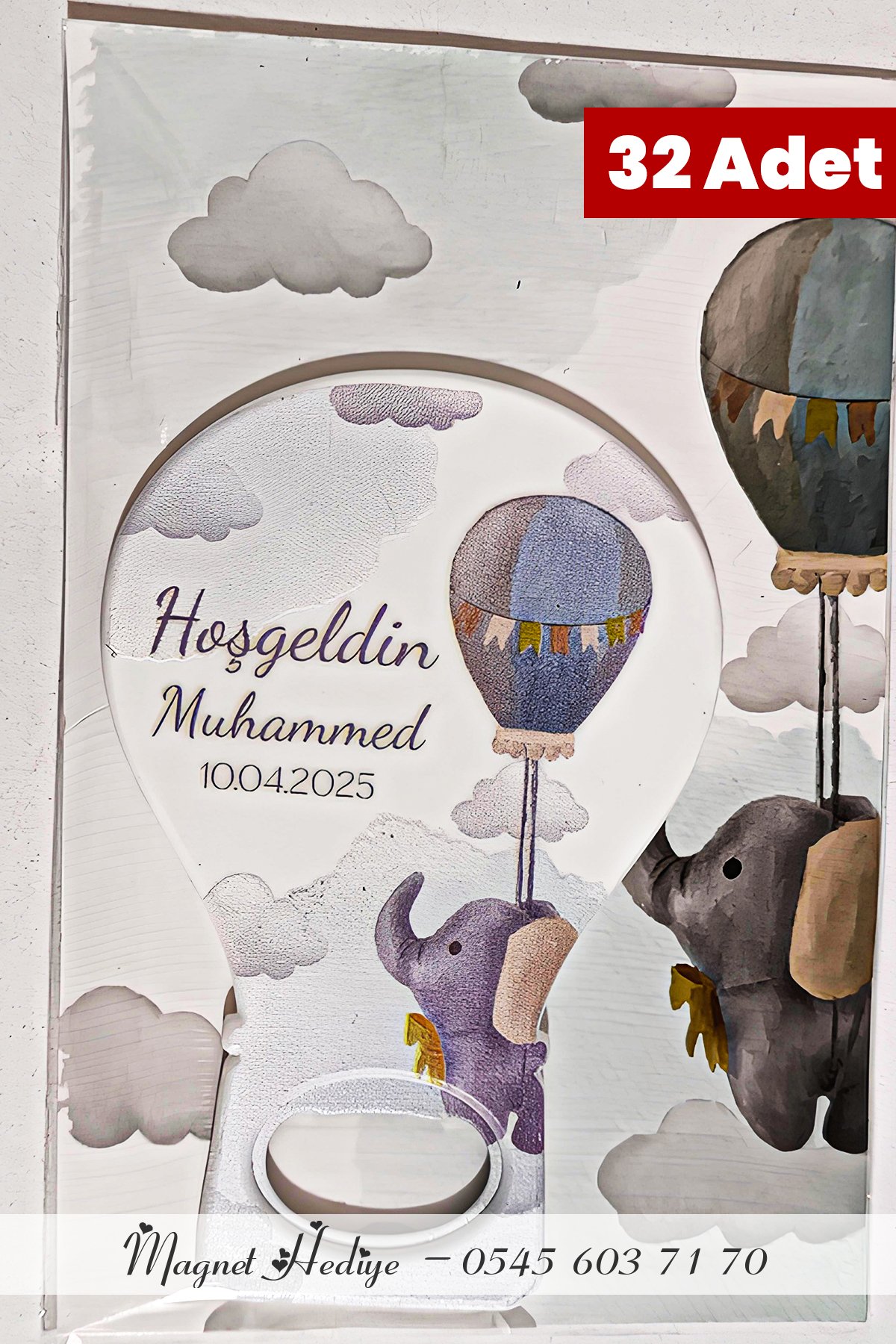 Fil Temalı İsimli & Doğum Tarihli Baby Shower Balon Magnet Açacak (32 Adet)