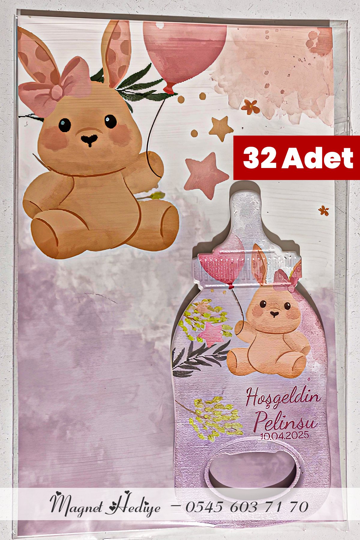 Kız Bebekler İçin Pembe Tavşan Temalı Biberon Tasarımlı Magnet Açacak (32 Adet)