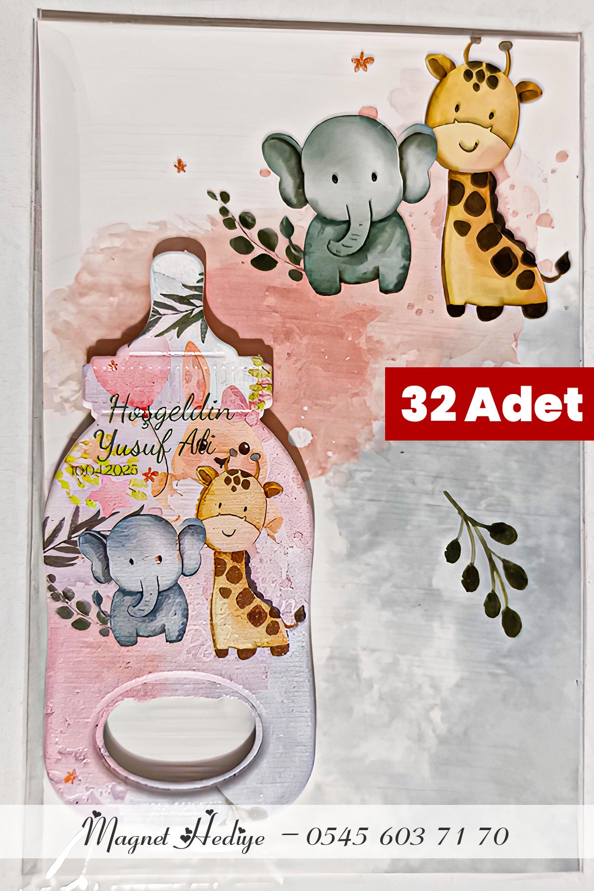 Zürafa ve Fil Temalı Biberon Tasarımlı Magnet Açacak (32 Adet)